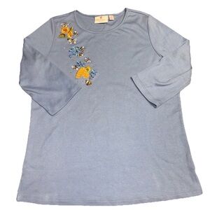 Quaker Factory 3/4 SLV Women's MD Blue Honeybee Bee Hive Jewel Embroidered READ
